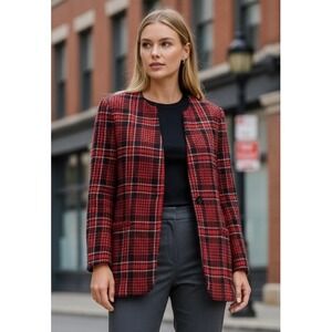 Lilli Ann Collections Red Black Plaid Blazer Jacket Womens Lapel Collar